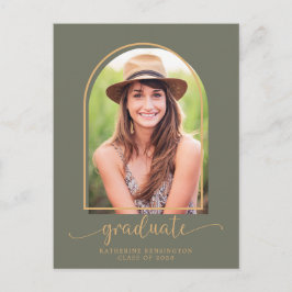 ボホアーチグリーン金ゴールド写真卒業パーティー 案内ポストカード