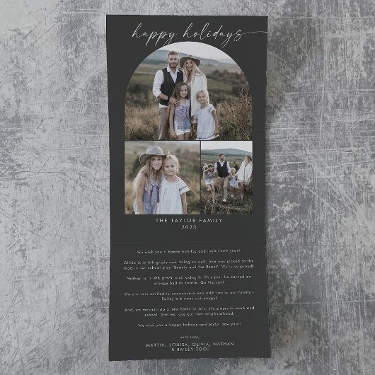 ボホアーチグレイモダンハッピーホリデーズフォトコラージュ 三つ折りクリスマスカード