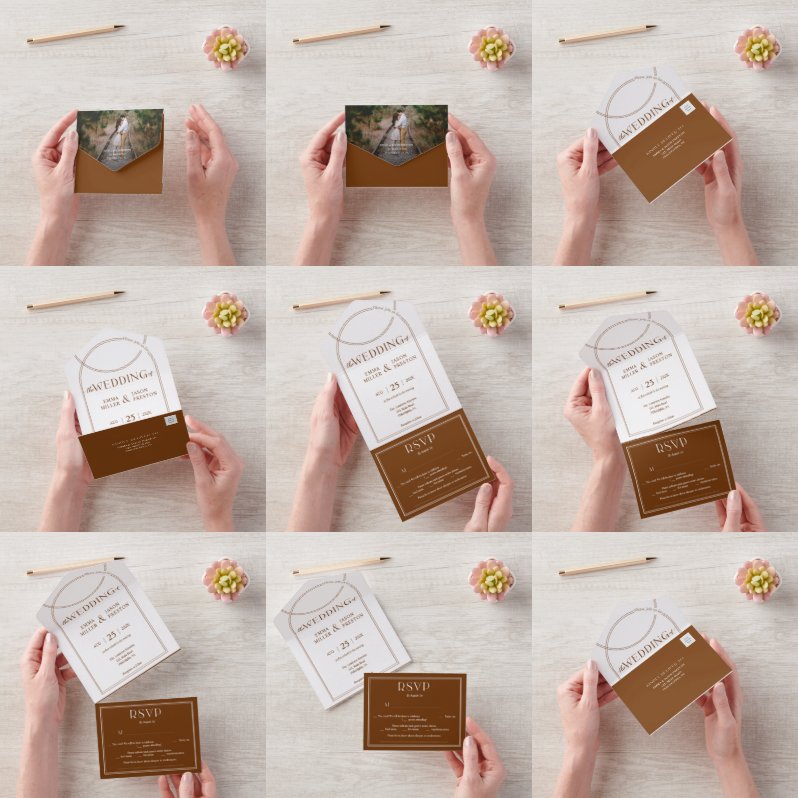 ボホアーチテラコッタ結婚式招待状と写真 オールインワン招待状