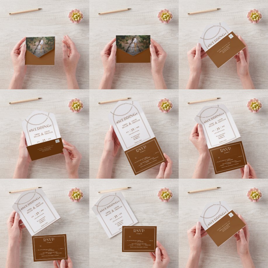 ボホアーチテラコッタ結婚式招待状と写真 オールインワン招待状