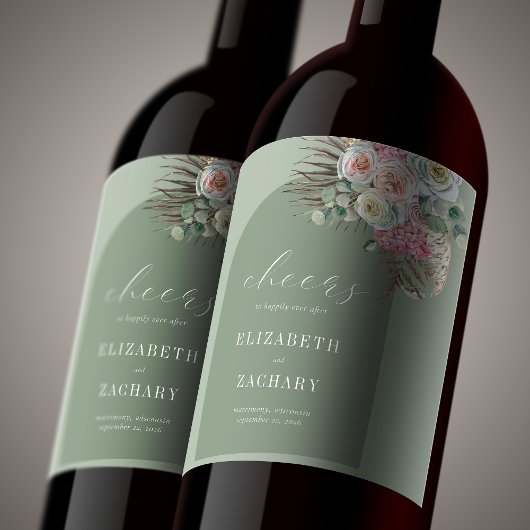 ボホアーチトロピカルフローラセージグリーン結婚ズ ワインラベル