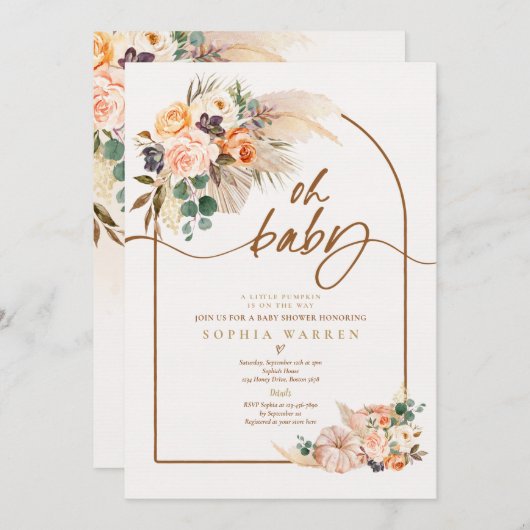 ボホアーチパンパスグラスパンプキンベビーシャワー 招待状 (正面/裏面)