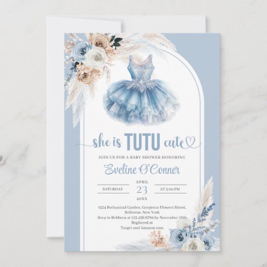 ボホアーチパンパスグラスブルーツチュドレスベビーシャワー 招待状 (正面)