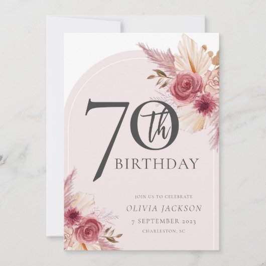 ボホアーチピンクフラワーズウィークエンド誕生日日程 招待状 (正面)