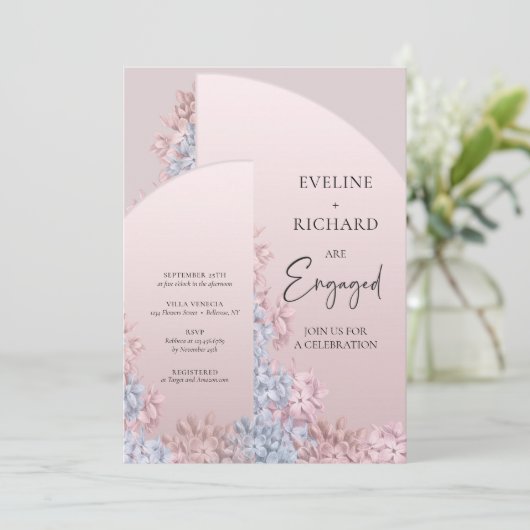 ボホアーチフレームほこりっぽいピンクほこりっぽいブルー婚約 招待状 (スタンド正面)