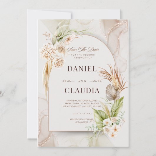 ボホアーチ結婚式招待状セット | 編集可能なミニマ 招待状 (正面)