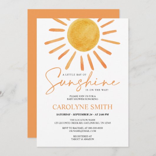 ボホイエローサンシャインウォーターカラーベビーシャワー 招待状 (正面/裏面)