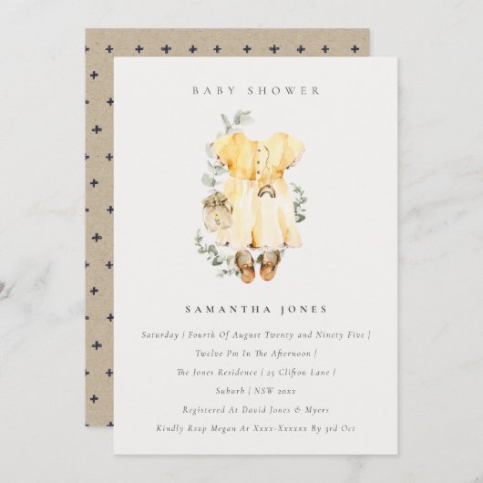 ボホイエロードレスの葉ガールベビーシャワー招待状 サンキューカード (正面/裏面)