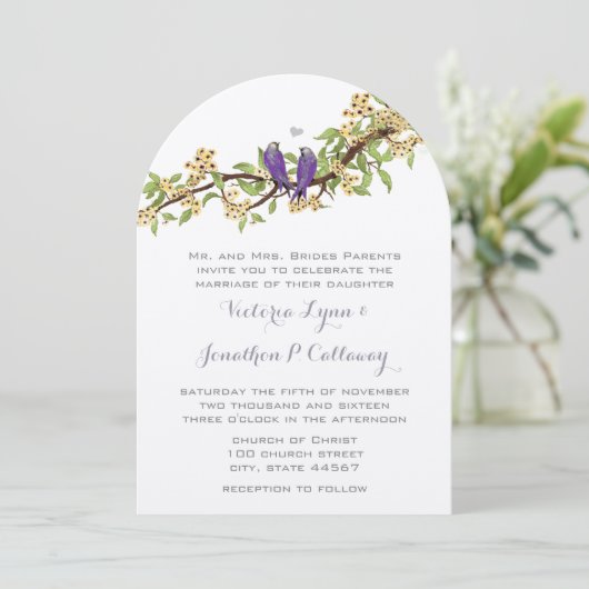 ボホイエローパープルバードアーチ形結婚状 招待状 (スタンド正面)