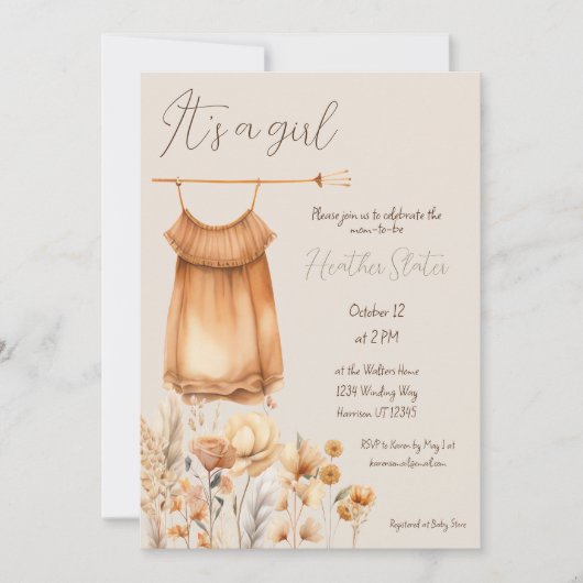 ボホイエローワイルドフラワーガールベビーシャワー 招待状 (正面)