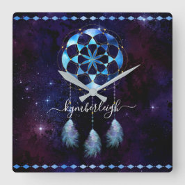 ボホインディゴ天界曼荼羅ドリームキャッチャー スクエア壁時計