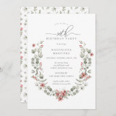 ボホウィンターグリーンリーレッドフローラ90誕生日 招待状 (正面/裏面)