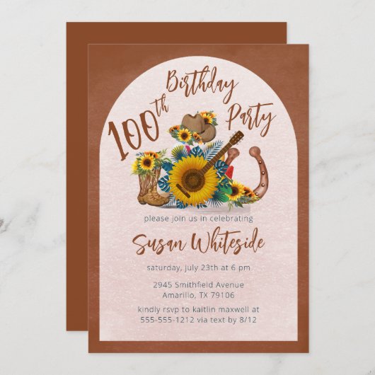 ボホウェスタン・ギターひまわり100th誕生日パーティー 招待状 (正面/裏面)