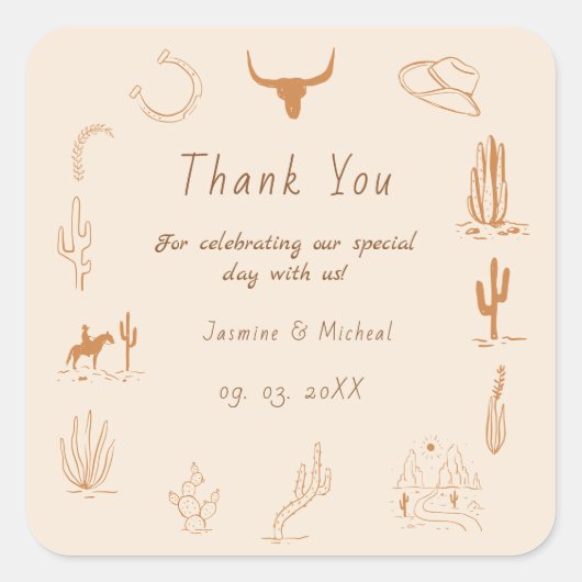 ボホウエスタンカウボーイイラストレーション結婚ズ スクエアシール (正面)