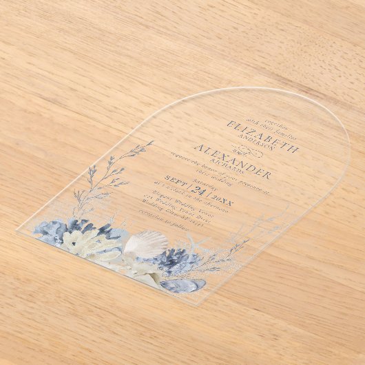 ボホウォーエレガントトカラーコーラルビーチ結婚式アーチ アクリル招待状 (レイダウン)