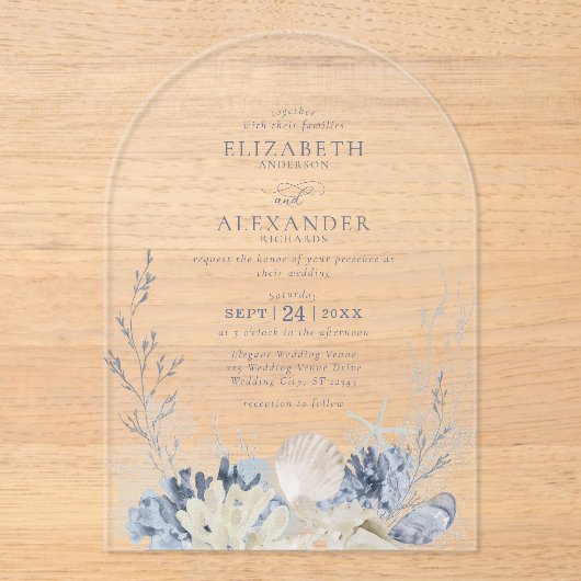 ボホウォーエレガントトカラーコーラルビーチ結婚式アーチ アクリル招待状 (正面)