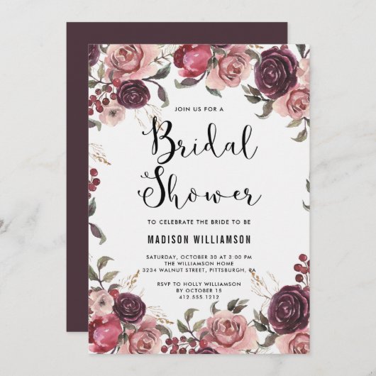 ボホウォータカラー秋ブルゴーニュフローラブライダルシャワー 招待状 (正面/裏面)