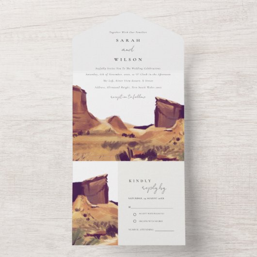 ボホウォーターの色の砂漠の風景の結婚式の招待 オールインワン招待状 (内側)