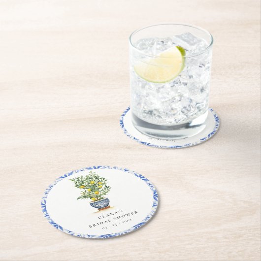 ボホウォーターカラーイエローレモンツリーブライダルシャワー ラウンドペーパーコースター (インサイチュ)