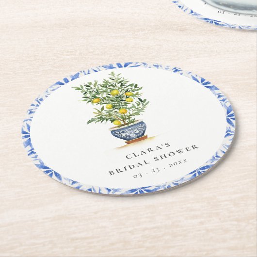 ボホウォーターカラーイエローレモンツリーブライダルシャワー ラウンドペーパーコースター (アングル)