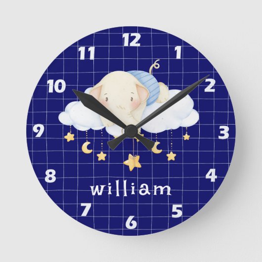 ボホウォーターカラーエレファントクラウドネイビーブルー子供部屋 ラウンド壁時計 (正面)