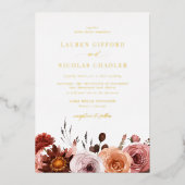 ボホウォーターカラーオータムフラワーガーランド秋の結婚式 箔招待状 (正面)