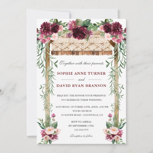 ボホウォーターカラーキャノピーバーガンディーレッドフローラ結婚ズ 招待状 (正面)