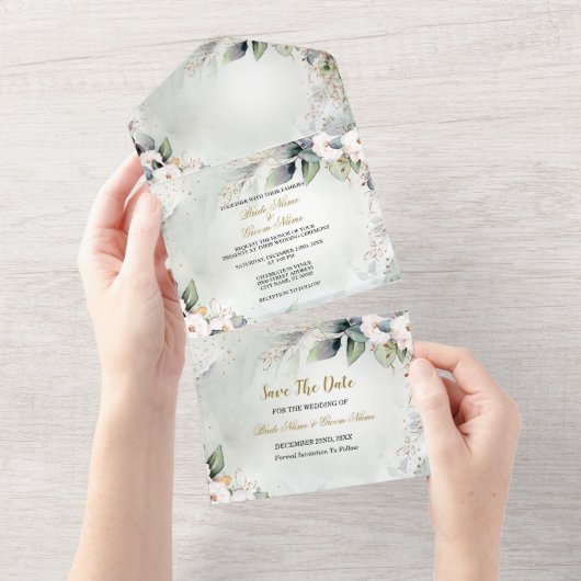 ボホウォーターカラーグリーナリーモダンフローラ結婚ズ オールインワン招待状 (貼ってはがせる)