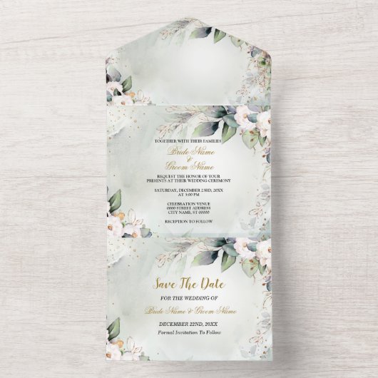 ボホウォーターカラーグリーナリーモダンフローラ結婚ズ オールインワン招待状 (内側)