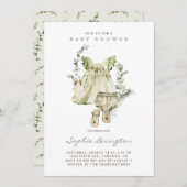 ボホウォーターカラーグリーンドレスユーカリ赤ちゃんシャワー 招待状 (正面/裏面)