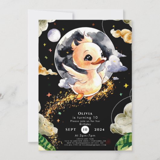 ボホウォーターカラーダック誕生日 招待状 (正面)