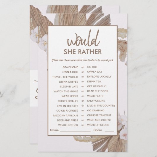 ボホウォーターカラーパンパスグラスブライダルシャワーゲーム (正面/裏面)