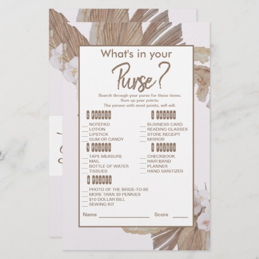 ボホウォーターカラーパンパスグラスブライダルシャワーゲーム (正面/裏面)