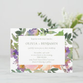 ボホウォーターカラーパープルオレンジ結婚フローラ 招待状 (スタンド正面)