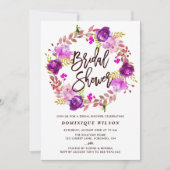 ボホウォーターカラーパープルフローラリースブライダルシャワー 招待状 (正面)