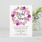 ボホウォーターカラーパープルフローラリースブライダルシャワー 招待状 (スタンド正面)