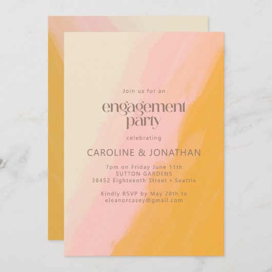 ボホウォーターカラーピンクイエロー婚約パーティ 招待状 (正面/裏面)