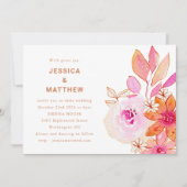 ボホウォーターカラーピンクオレンジ色の花シック結婚ズ 招待状 (正面)