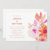 ボホウォーターカラーピンクオレンジ色の花シック結婚ズ 招待状 (正面/裏面)