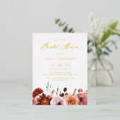 ボホウォーターカラーフラワーズガーランド秋ブライダルシャワー 箔招待状ポストカード (立ち正面)