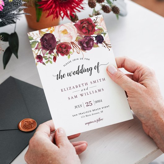 ボホウォーターカラーブルゴーニュ赤フローラ素朴ズ結婚 招待状