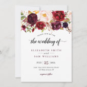 ボホウォーターカラーブルゴーニュ赤フローラ素朴ズ結婚 招待状 (正面)