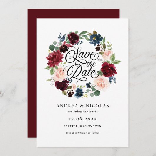 ボホウォーターカラーブルゴーニュ&ブルーフローラリース セーブザデート (正面/裏面)