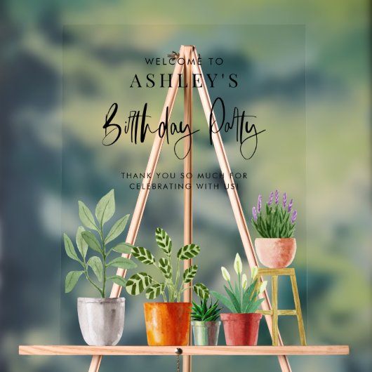 ボホウォーターカラーポッテッドハウスプラントバースデーパーティー アクリルサイン (ニュートラル)