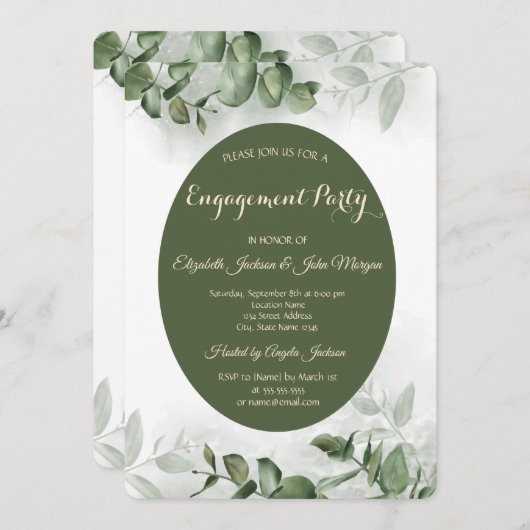 ボホウォーターカラーユーカリプトゥスグリーンリー婚約 招待状 (正面/裏面)