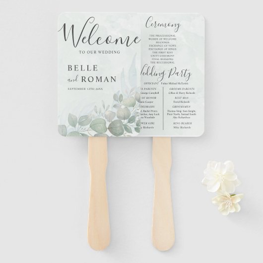ボホウォーターカラーユーカリプトゥスグリーン結婚式 プログラム ハンドファン (正面&裏面)