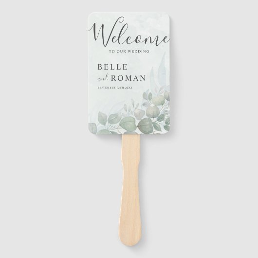 ボホウォーターカラーユーカリプトゥスグリーン結婚式 プログラム ハンドファン (正面)