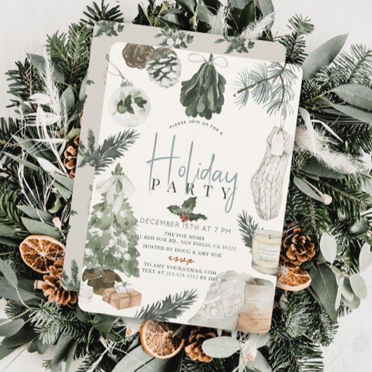 ボホウォーターカラーライトブルークリスマスホリデーパーティー 招待状