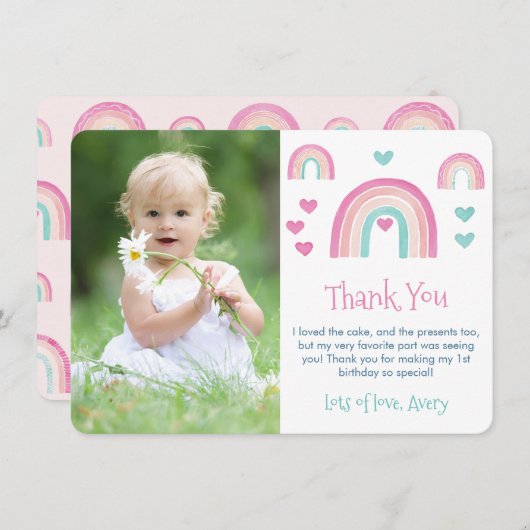 ボホウォーターカラーレインボーガール誕生日写真 サンキューカード (正面/裏面)