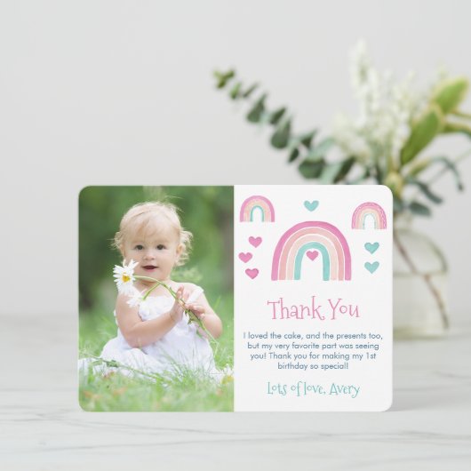 ボホウォーターカラーレインボーガール誕生日写真 サンキューカード (スタンド正面)